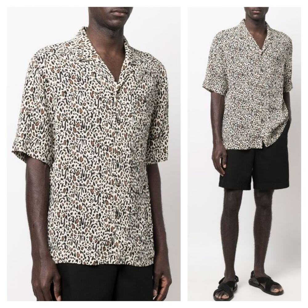 Nanushka Men's Beige Bodil Leopard Print Plisse Button-Up Shirt Vacation Medium